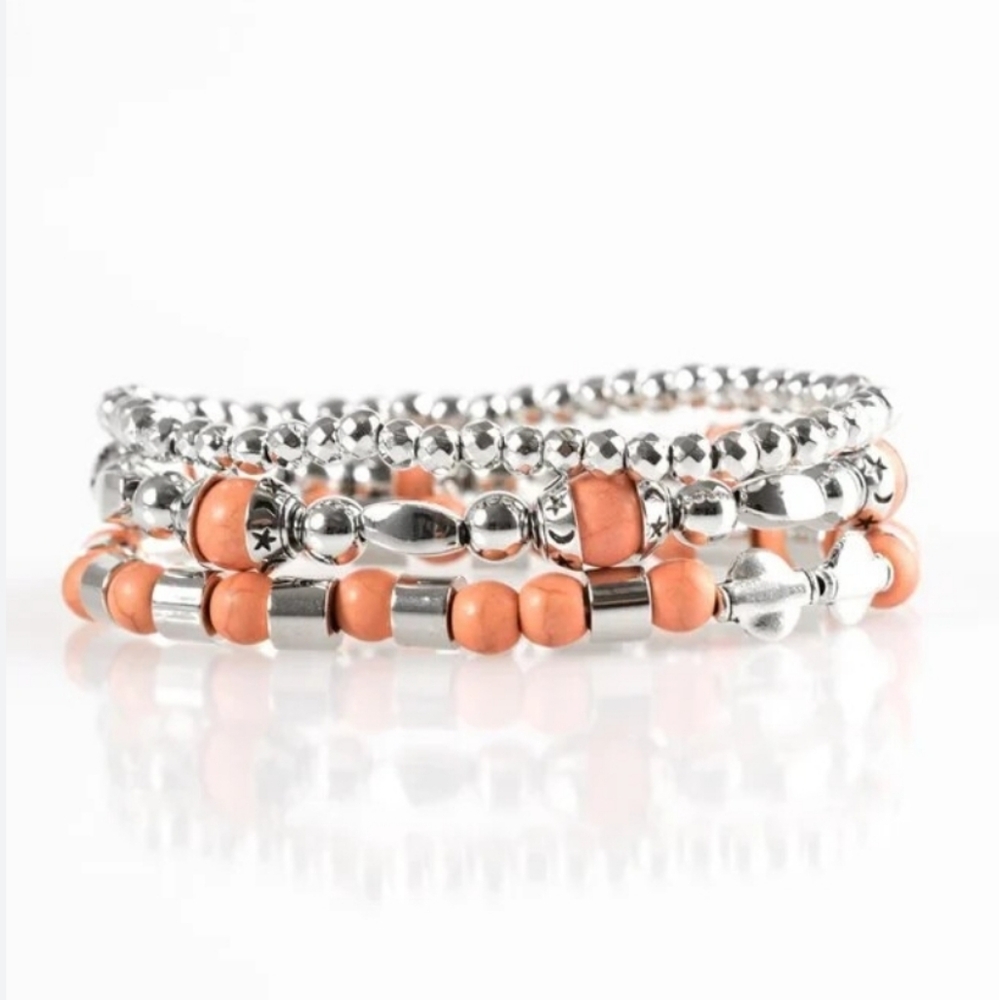 NWT Paparazzi Bold Silver & Orange Beaded Bracelet Set - Picture 2 of 8